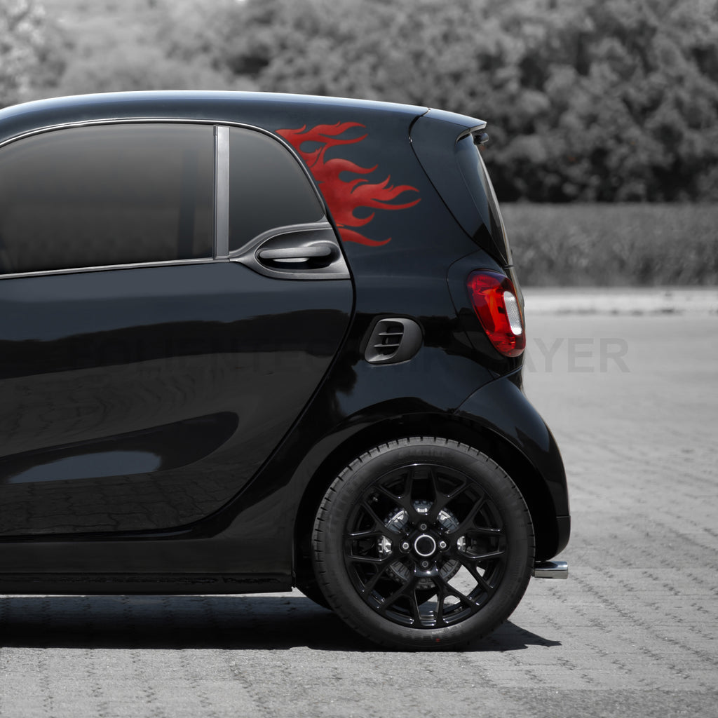 Flammen Aufkleber für Smart fortwo 453 – 2-teiliges Folien Dekorset, Tuning Zubehör, passgenau, selbstklebend & wetterfest