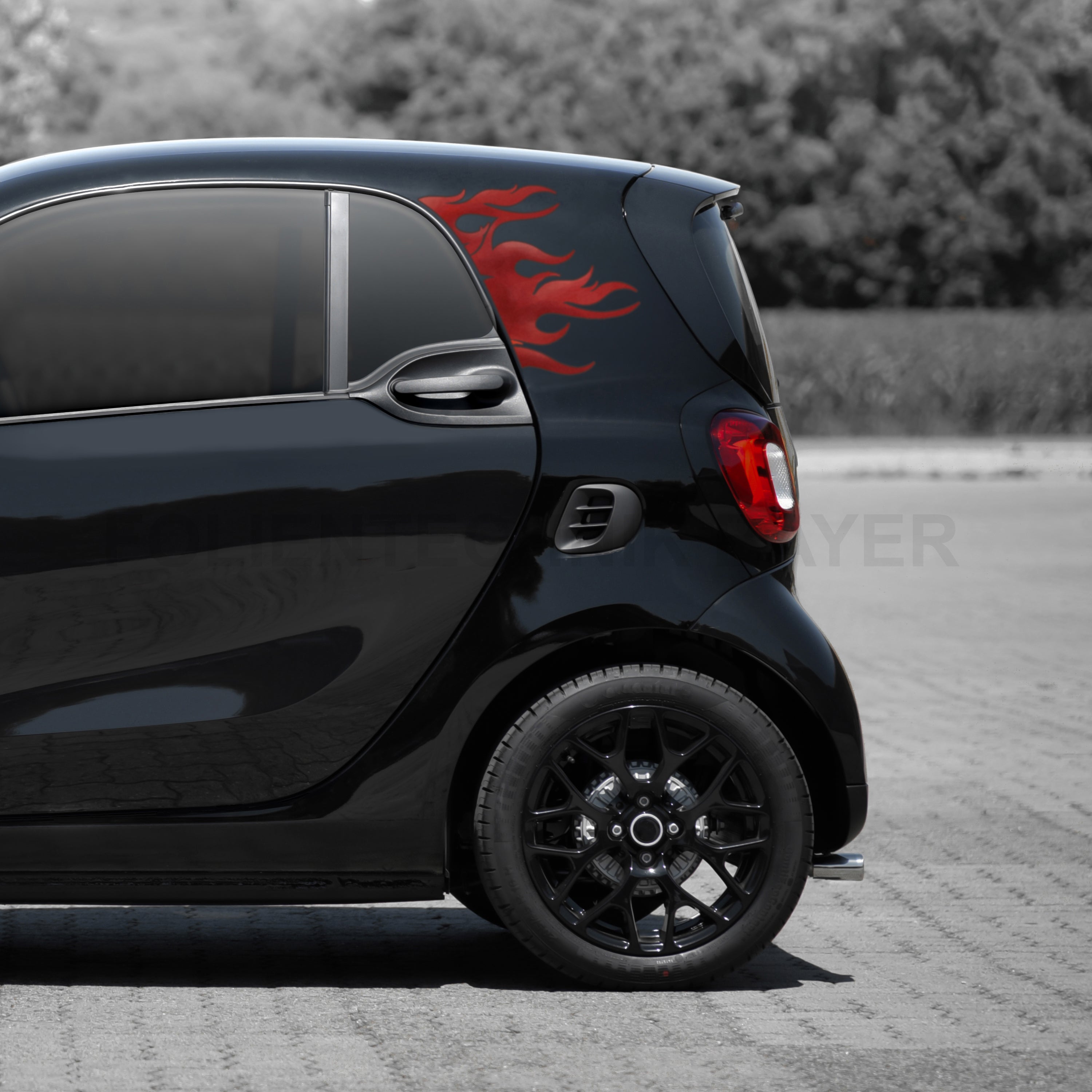 Flammen Aufkleber für Smart fortwo 453 – 2-teiliges Folien Dekorset, Tuning Zubehör, passgenau, selbstklebend & wetterfest