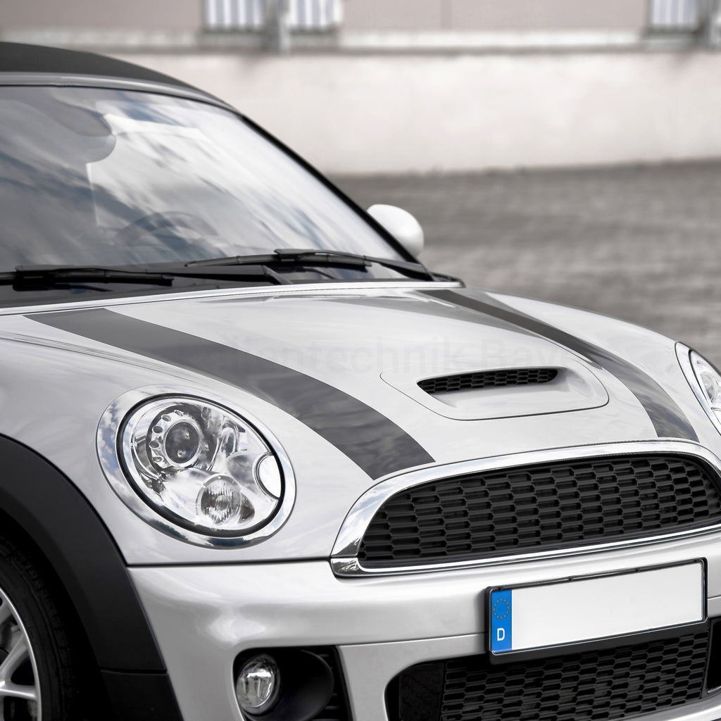 Motorhaubenstreifen für MINI One Cooper JCW R55 R56 R57 – 2-teiliges Racing Stripes Folienset, Tuning Aufkleber, passgenau, selbstklebend & wetterfest