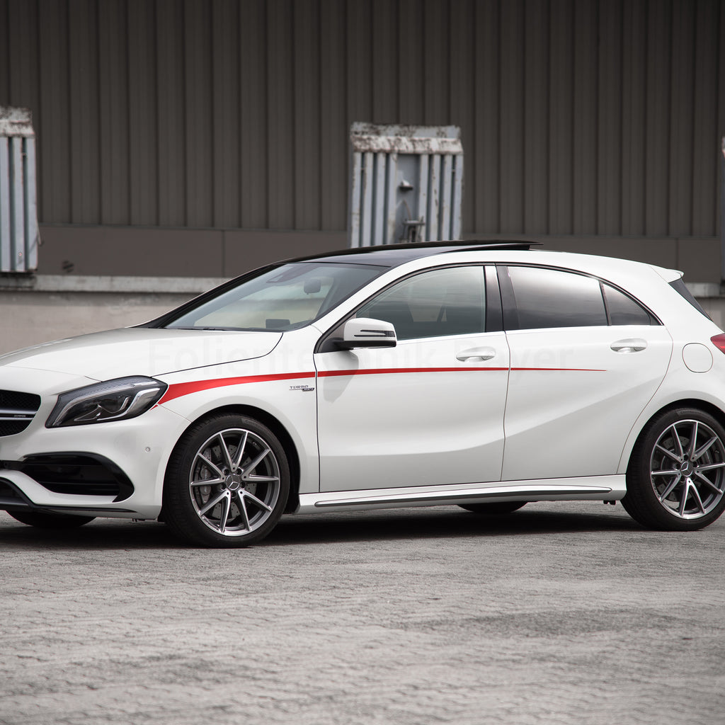 Seitenstreifen für Mercedes A-Klasse W176 – 8-teiliges Racing Stripes Folienset, Tuning Aufkleber, passgenau, selbstklebend & wetterfest