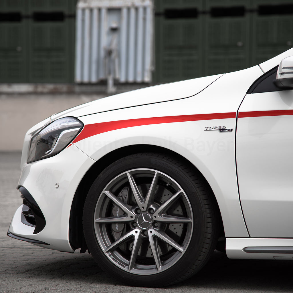 Seitenstreifen für Mercedes A-Klasse W176 – 8-teiliges Racing Stripes Folienset, Tuning Aufkleber, passgenau, selbstklebend & wetterfest