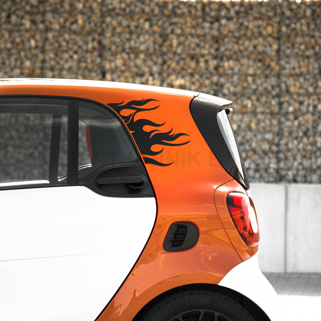 Flammen Aufkleber für Smart fortwo 453 – 2-teiliges Folien Dekorset, Tuning Zubehör, passgenau, selbstklebend & wetterfest