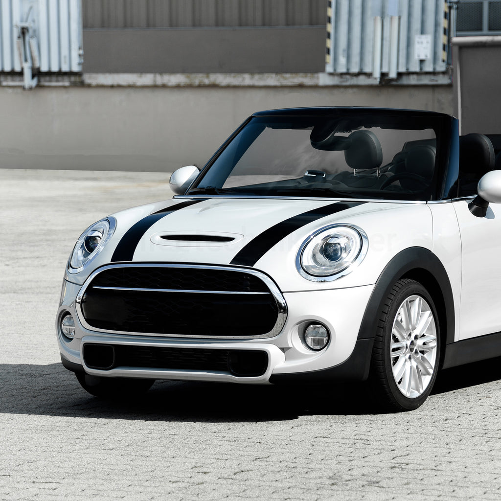 Motorhaubenstreifen für MINI One Cooper JCW F55 F56 F57 – 2-teiliges Racing Stripes Folienset, Tuning Aufkleber, passgenau, selbstklebend & wetterfest