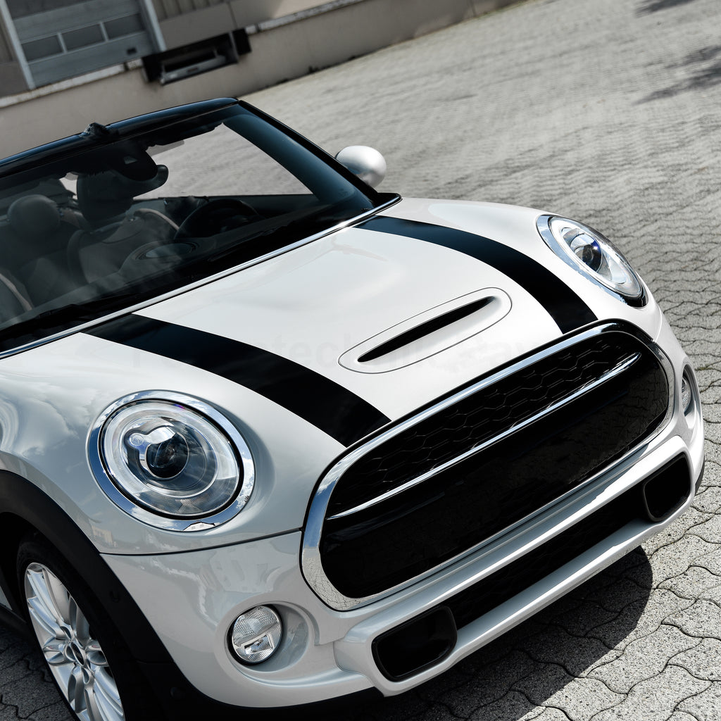 Motorhaubenstreifen für MINI One Cooper JCW F55 F56 F57 – 2-teiliges Racing Stripes Folienset, Tuning Aufkleber, passgenau, selbstklebend & wetterfest