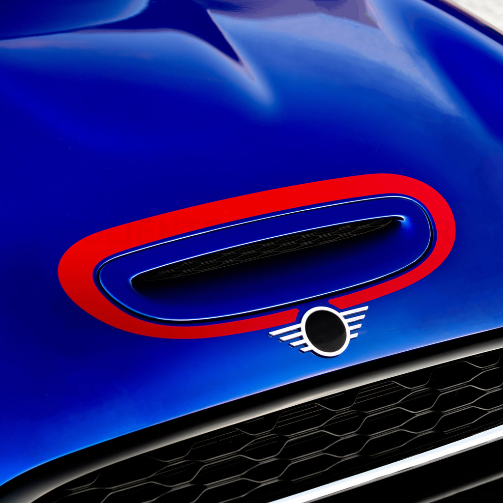 Akzent Aufkleber für MINI One Cooper JCW F55 F56 F57 – 1-teiliges Folien Dekorset für die Motorhaube, Tuning Streifen, passgenau, selbstklebend & wetterfest